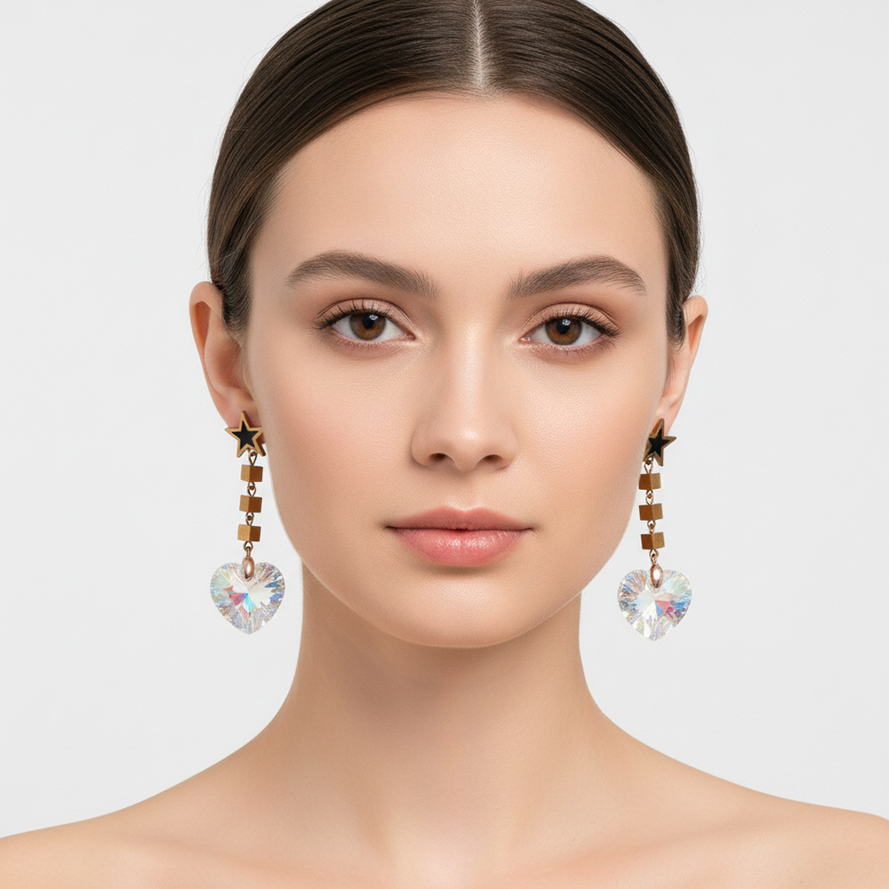 boucle d'oreille pendantes étoile et coeur jaune 