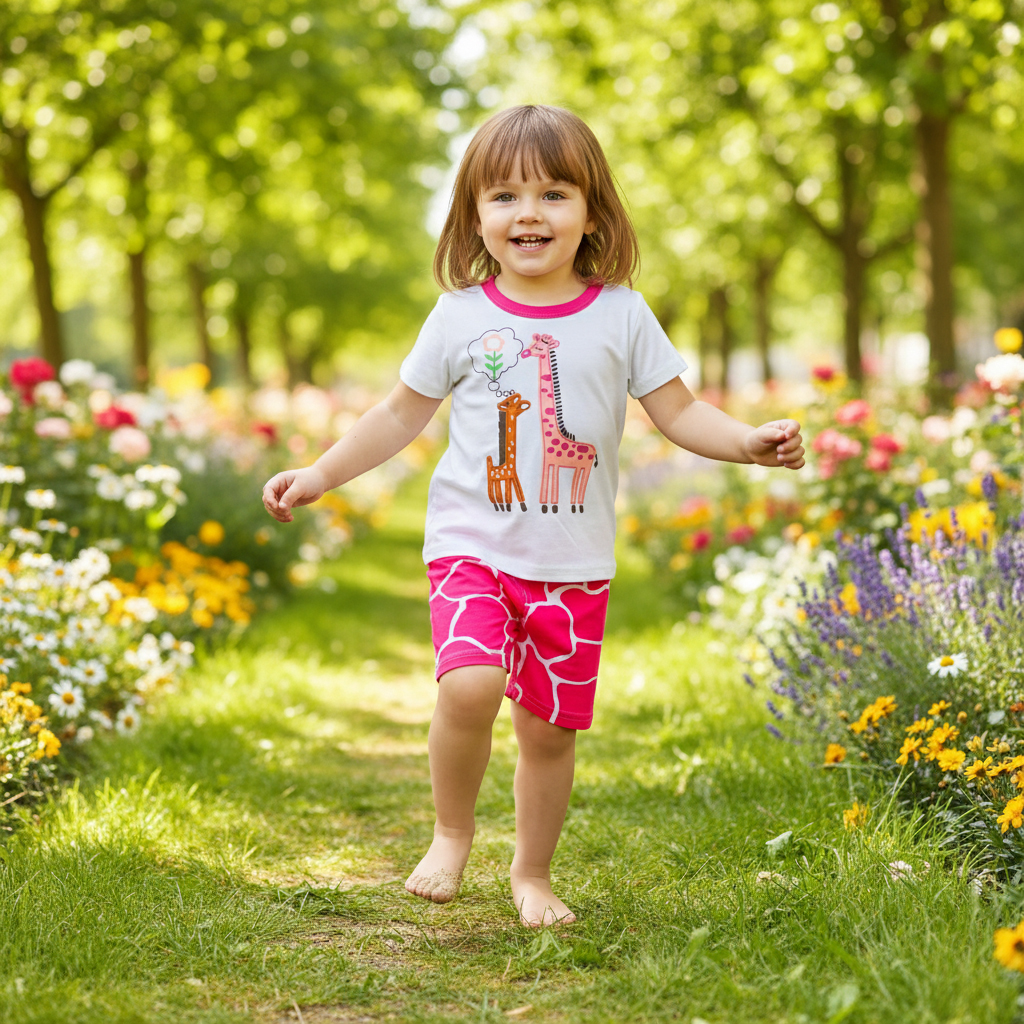 ENSEMBLE BLANC MOTIF GIRAFE ROSE