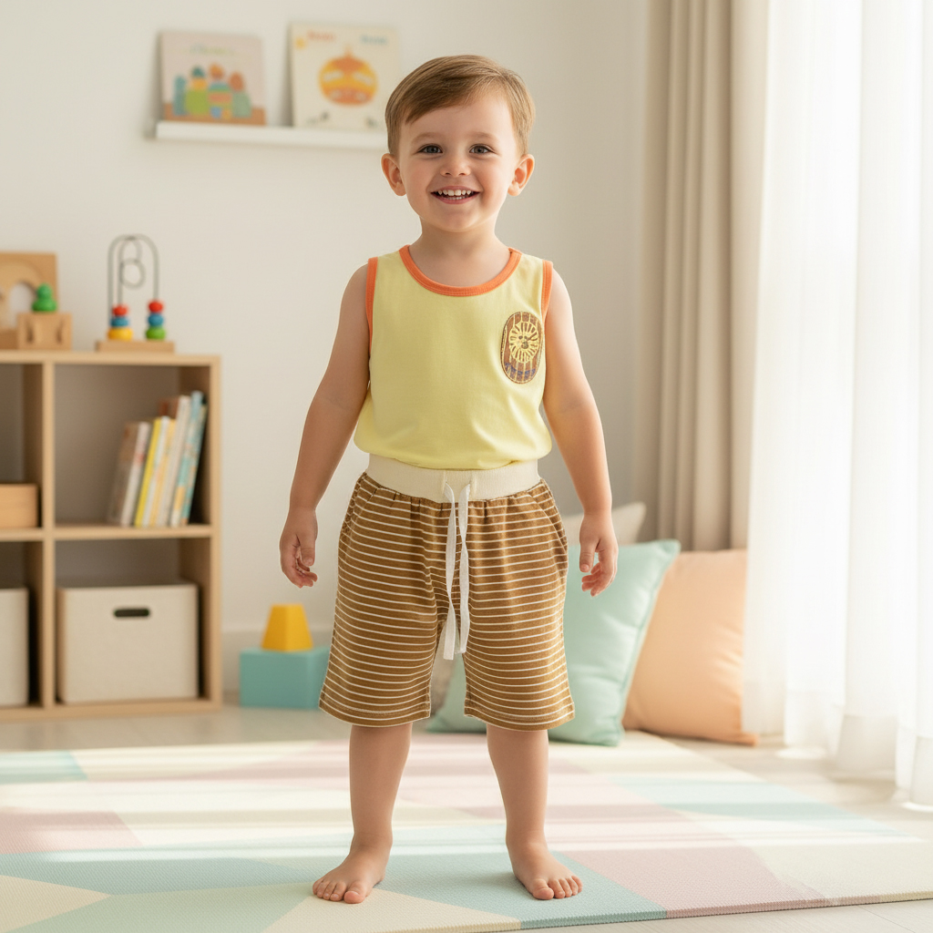 ENSEMBLE GARCON debardeur JAUN ET SHORT MARRON 