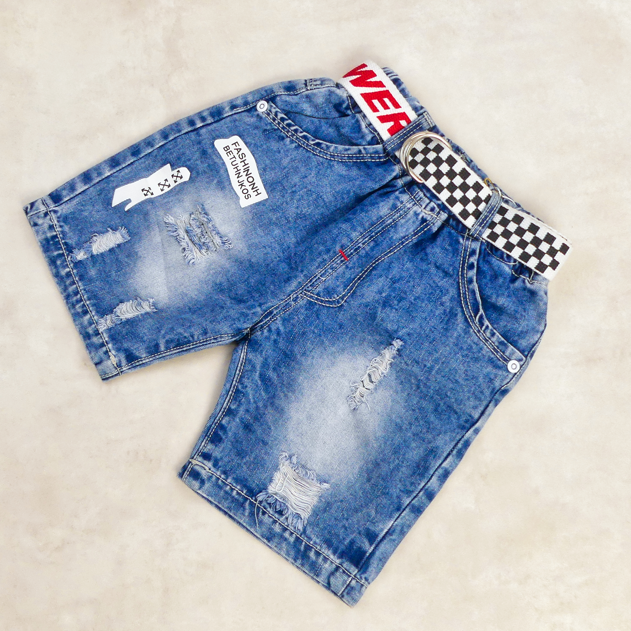 SHORT JEANS BLEU SIMPLE AVEC CEINTURE MOTIF POWER-001