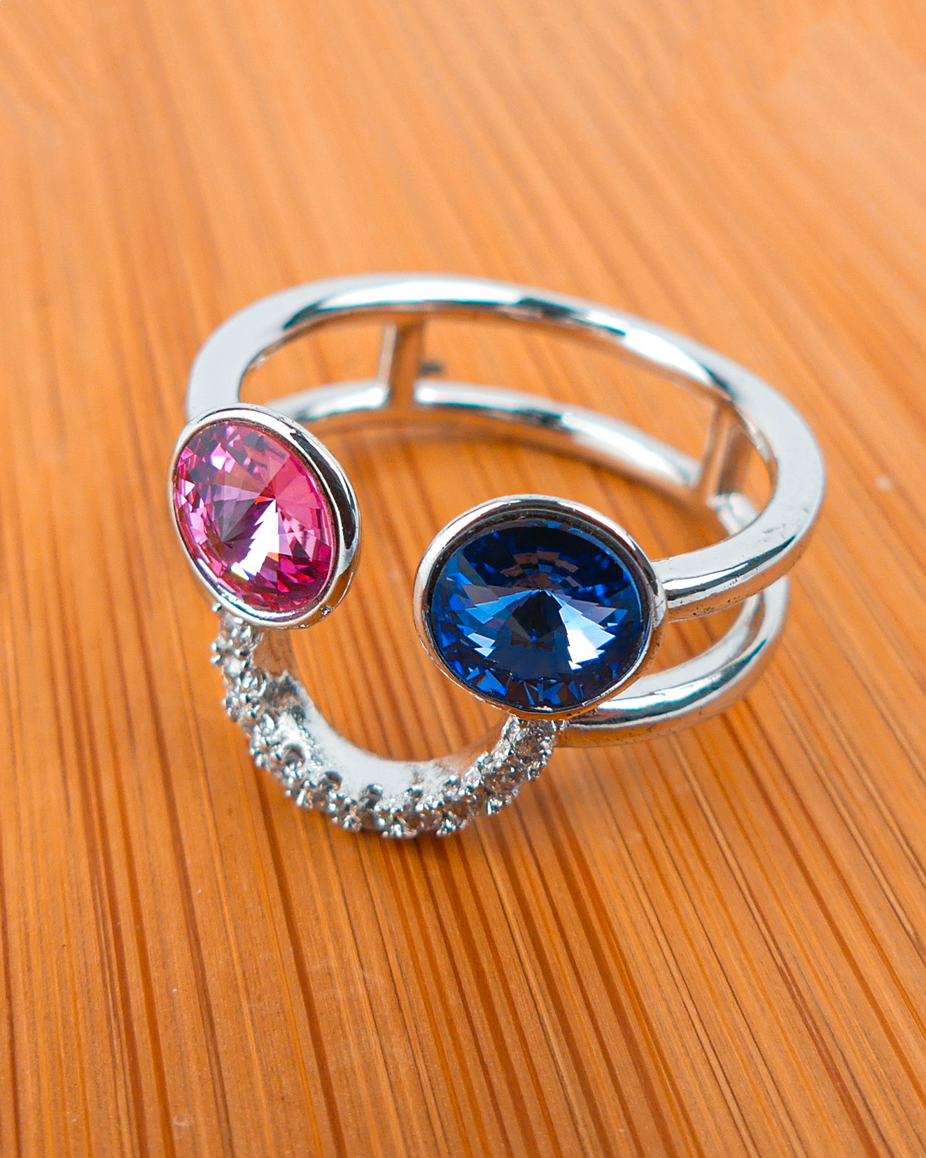bague double anneau bleu/rose