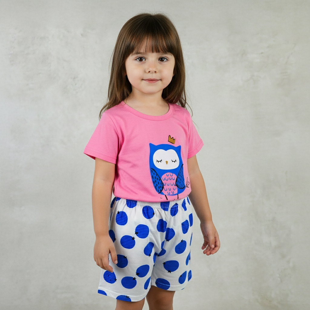 ENSEMBLE ROSE MOTIF HIBOU BLEU