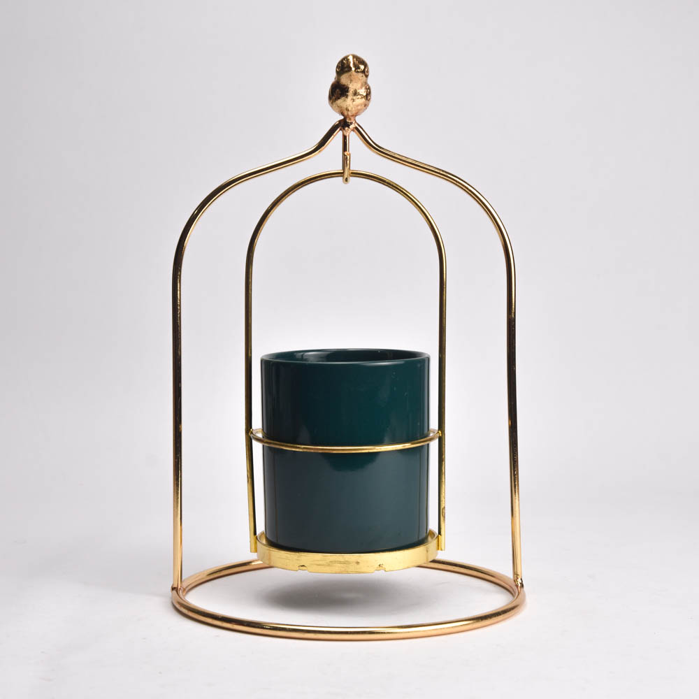 Porte-bougie décoratif doré avec oiseau – Vert foncé