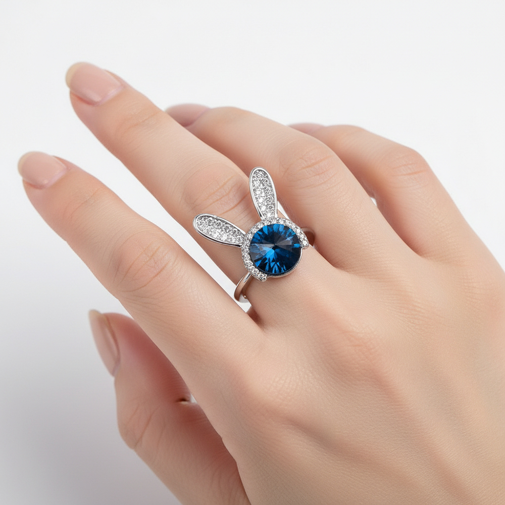 bague lapin bleu nuit -argent -