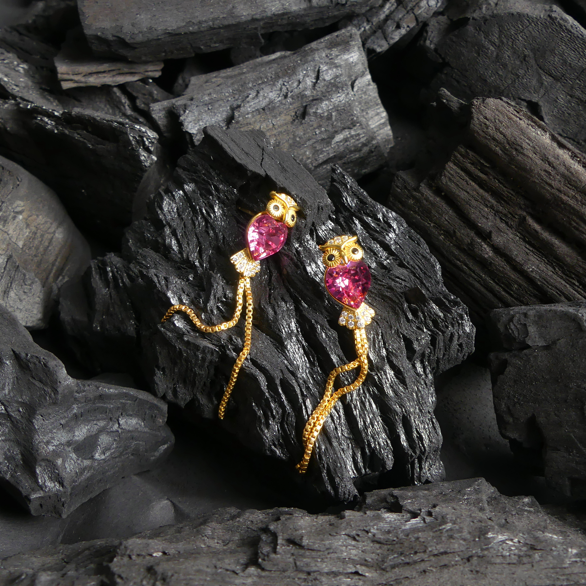 boucle d'oreille pendantes hibou rose