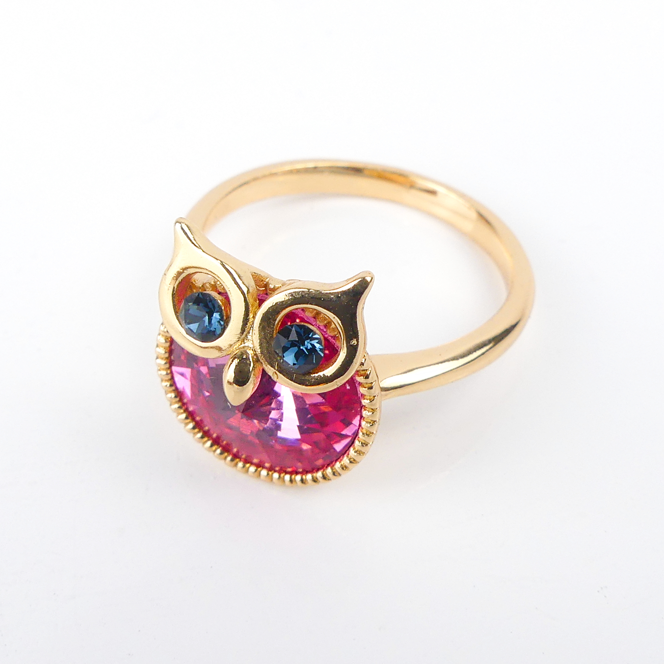bague plaqué or pierre hibou ronde rose
