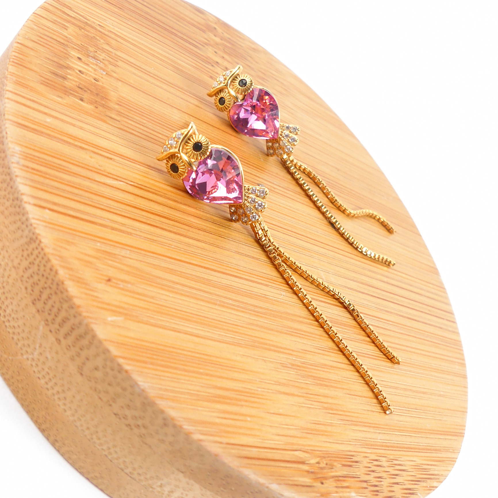 boucle d'oreille pendantes hibou rose