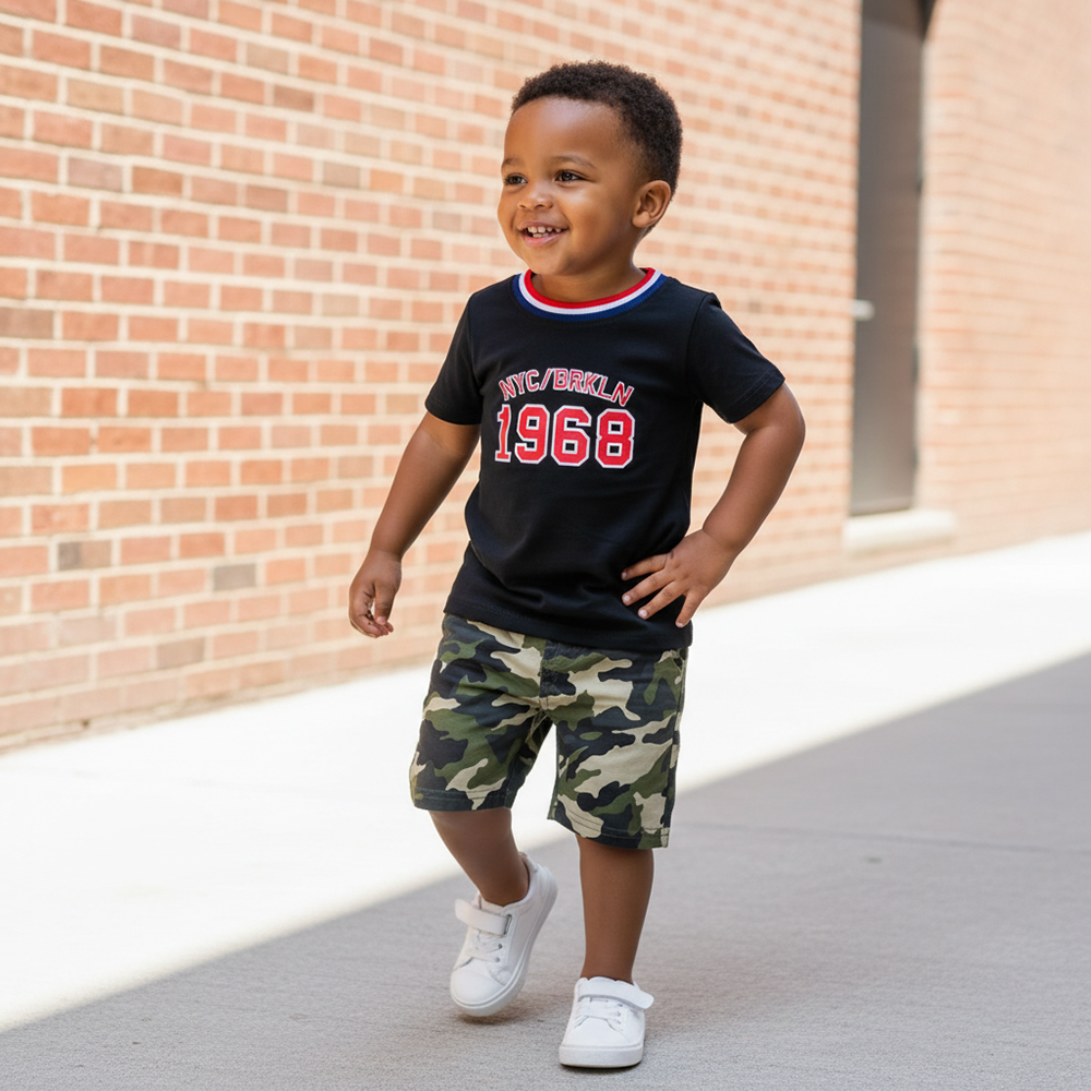 ENSEMBLE TRICOT NOIR MOTIF NYC/BRKLN 1968 AVEC SHORT MILITAIRE 