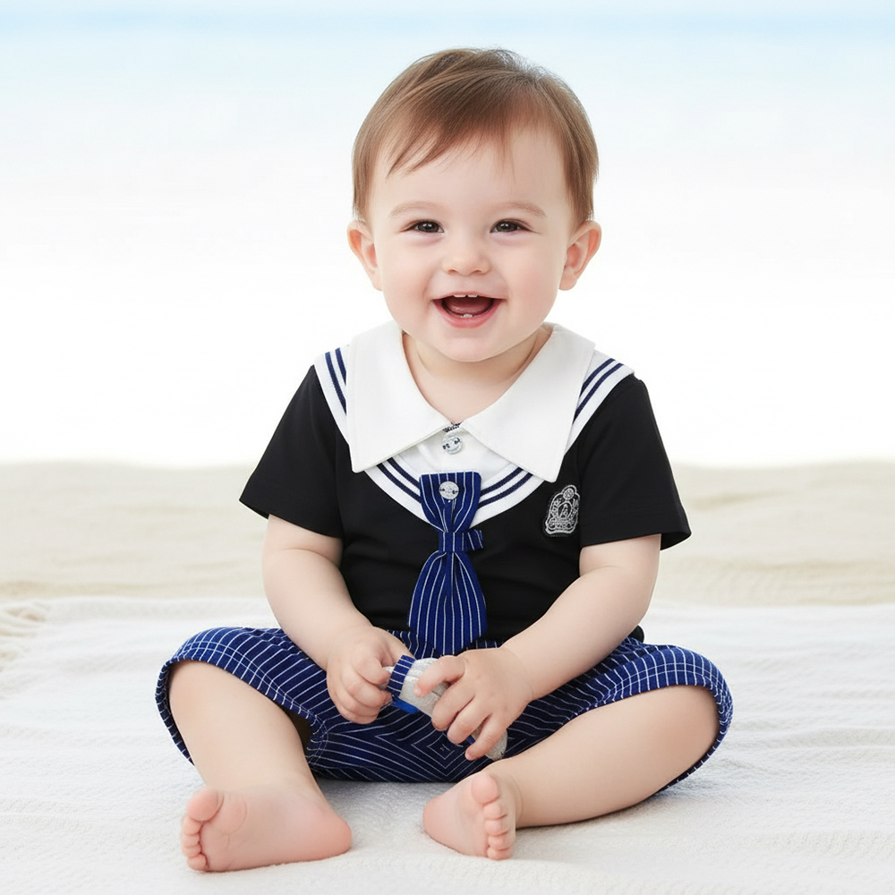 ENSEMBLE GARCON  POLO NOIR AVEC PAPILLON BLEU ET SHORT BLEU 