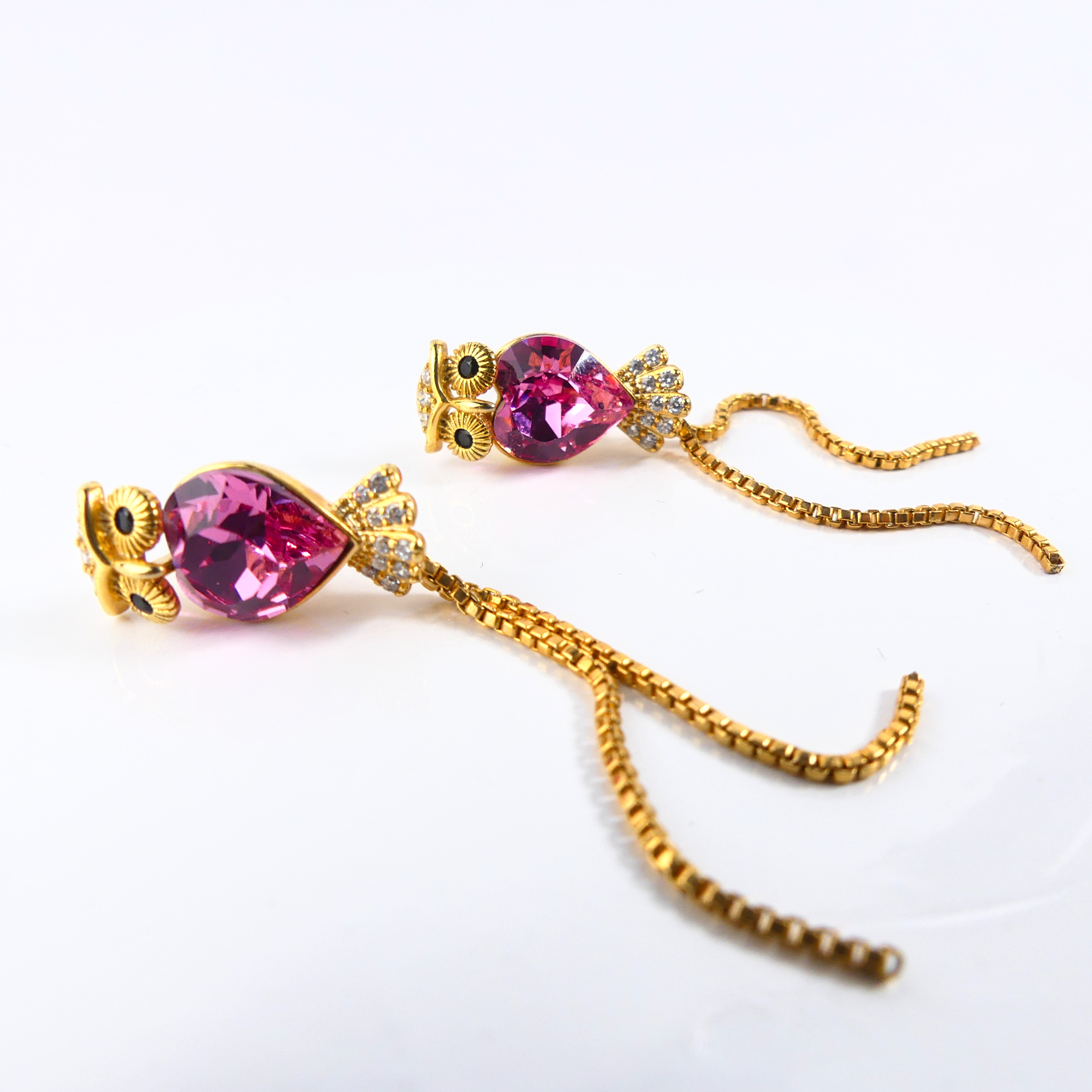 boucle d'oreille pendantes hibou rose