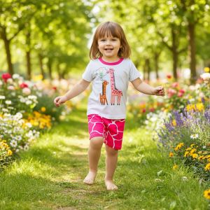 ENSEMBLE BLANC MOTIF GIRAFE ROSE