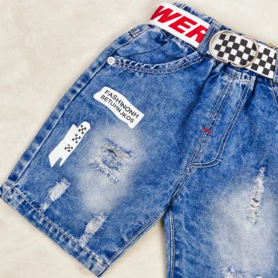 SHORT JEANS BLEU SIMPLE AVEC CEINTURE MOTIF POWER-001