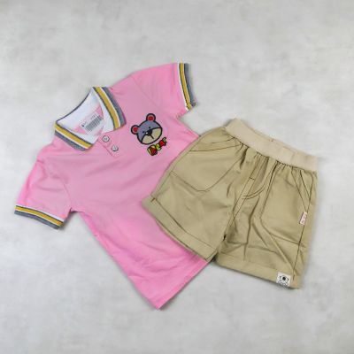 ENSEMBLE POLO ROSE AVEC SHORT MOUTARD MOTIF - BEAR-