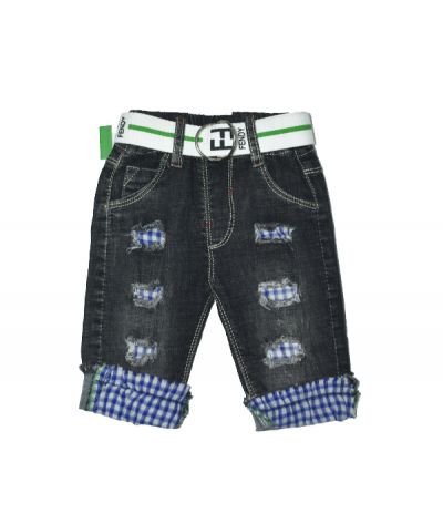 Pantacourt Jeans noir  avec Bordure a carreau Bleu 