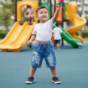 SHORT JEANS BLEU SIMPLE AVEC CEINTURE MOTIF POWER-001