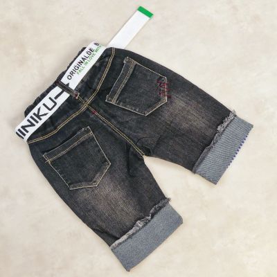 Pantacourt Jeans noir  avec Bordure a carreau Bleu et rouge