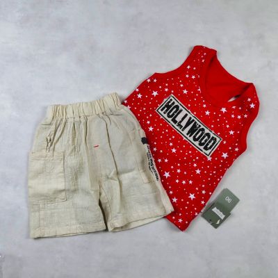 ENSEMBLE GARCON debardeur ROUGE AVEC SHORT BEIGE MOTIF HOLYWOOD 