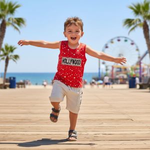 ENSEMBLE GARCON debardeur ROUGE AVEC SHORT BEIGE MOTIF HOLYWOOD 