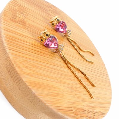 boucle d'oreille pendantes hibou rose