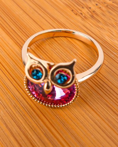 bague plaqué or pierre hibou ronde rose
